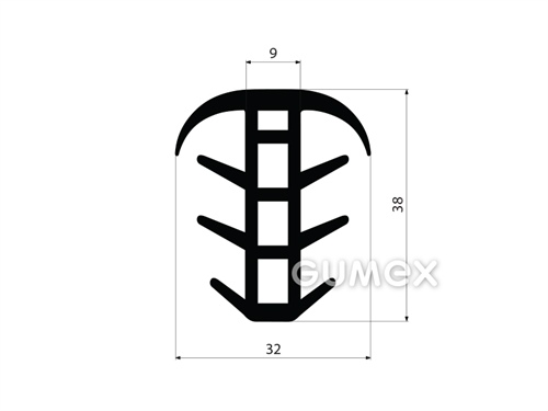 Gumový profil tvaru "T" se 4 dutinkami, 38x32/9mm, 70°ShA, EPDM, -40°C/+100°C, čierny